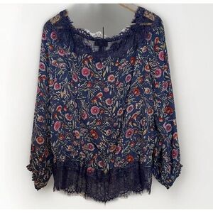 JESSICA SIMPSON Womens L Floral Blue Lace Balloon Sleeves Fairy Cottagecore Boho